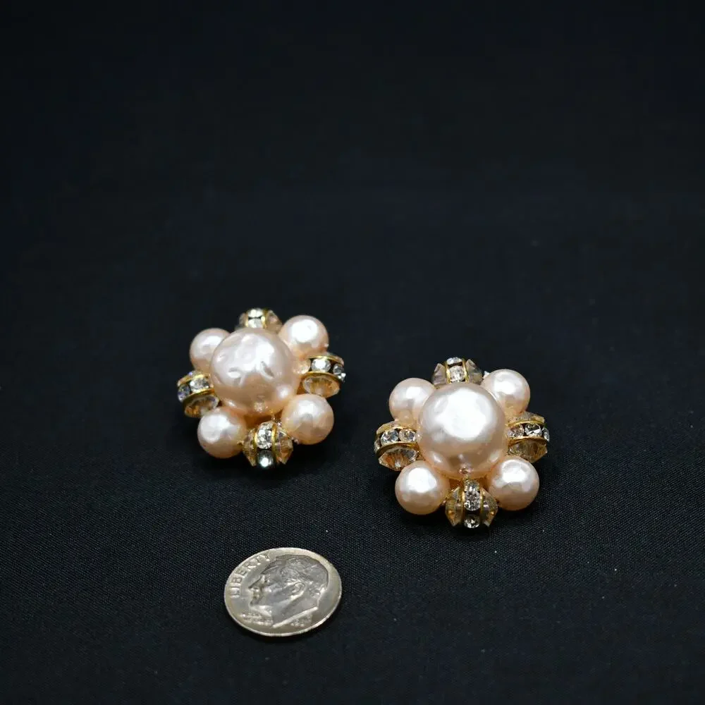 Vintage Lisner Pink Faux Pearl Rhinestone Earrings, Clip-On, Mid-Century, 1950s